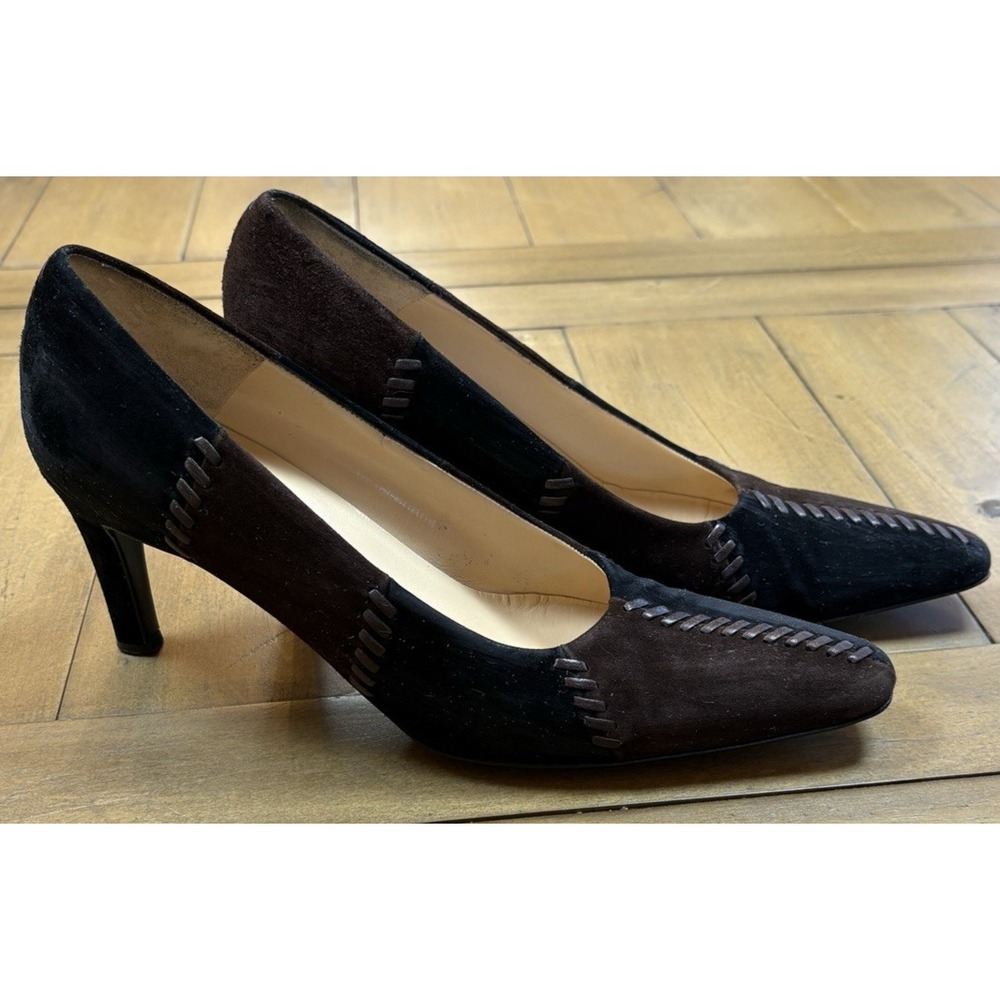Salvatore Ferragamo Vtg Suede Whipstitch Heels Italy‎ 9.5 Black Brown Patchwork